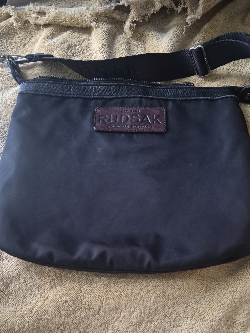 RUDSAK Black Nylon Messenger with Brown Leather Patch